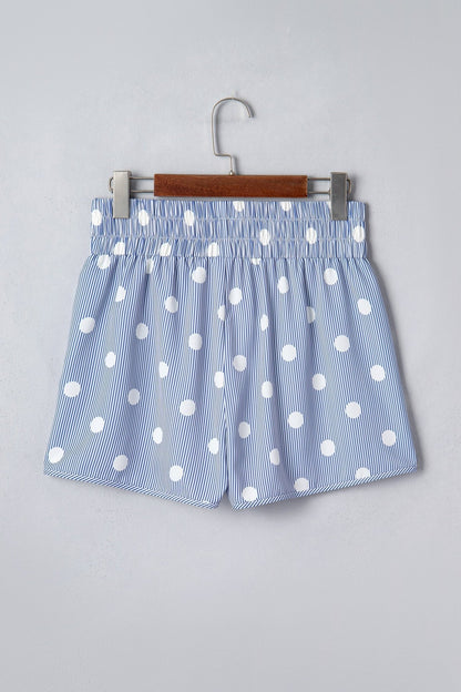 Sky Blue Polka Dot Print Shirred High Waist Casual Shorts - Loving It Shop