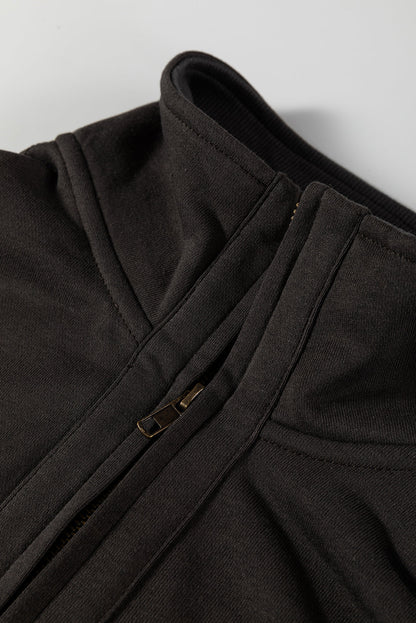 Carbon Grey Waffle Knit Patchwork Half Zipped Casual Sweatshirt