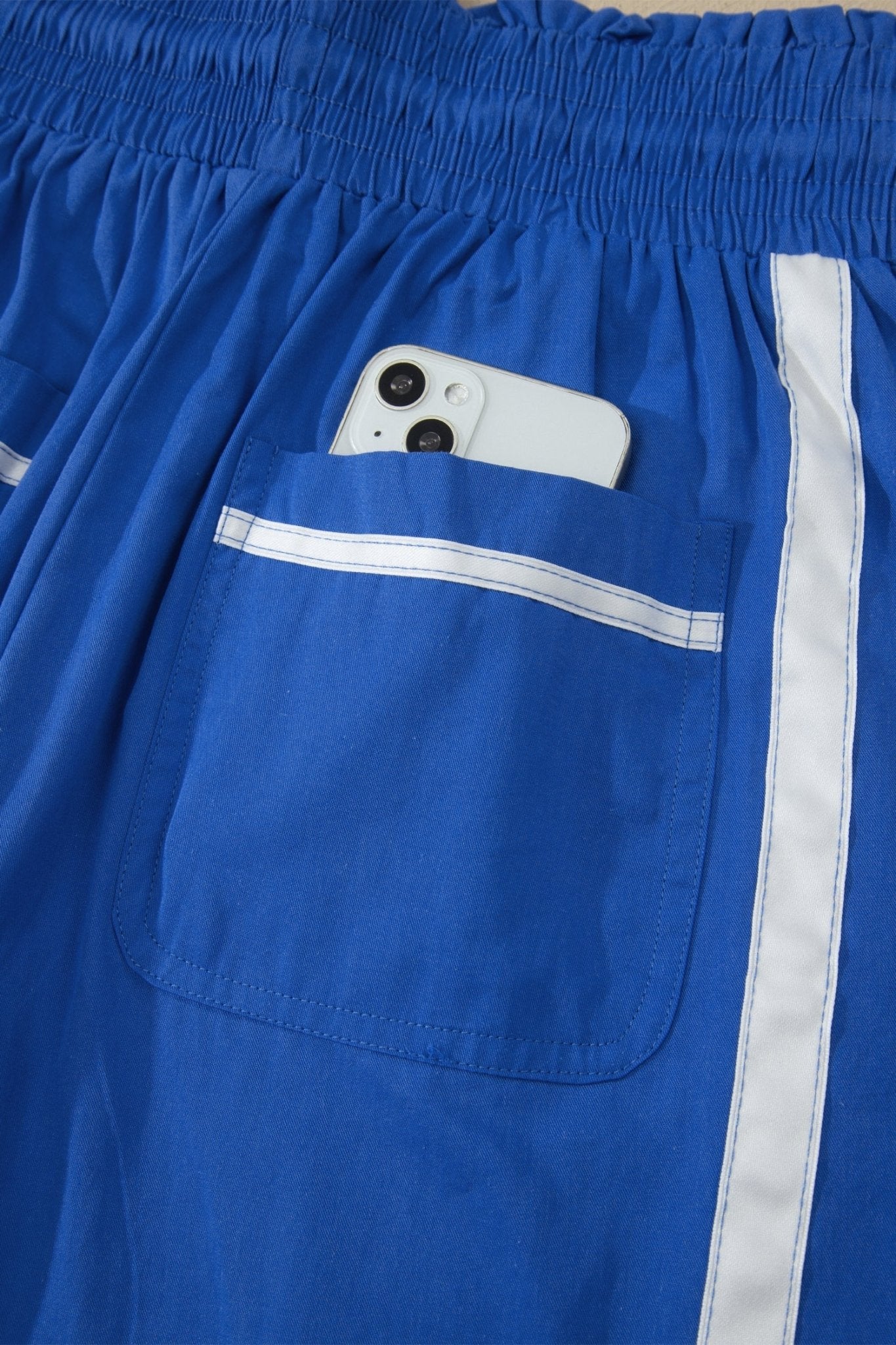 Dark Blue Contrast Striped Smocked Waist Drawstring Cropped Casual Pants - Loving It Shop