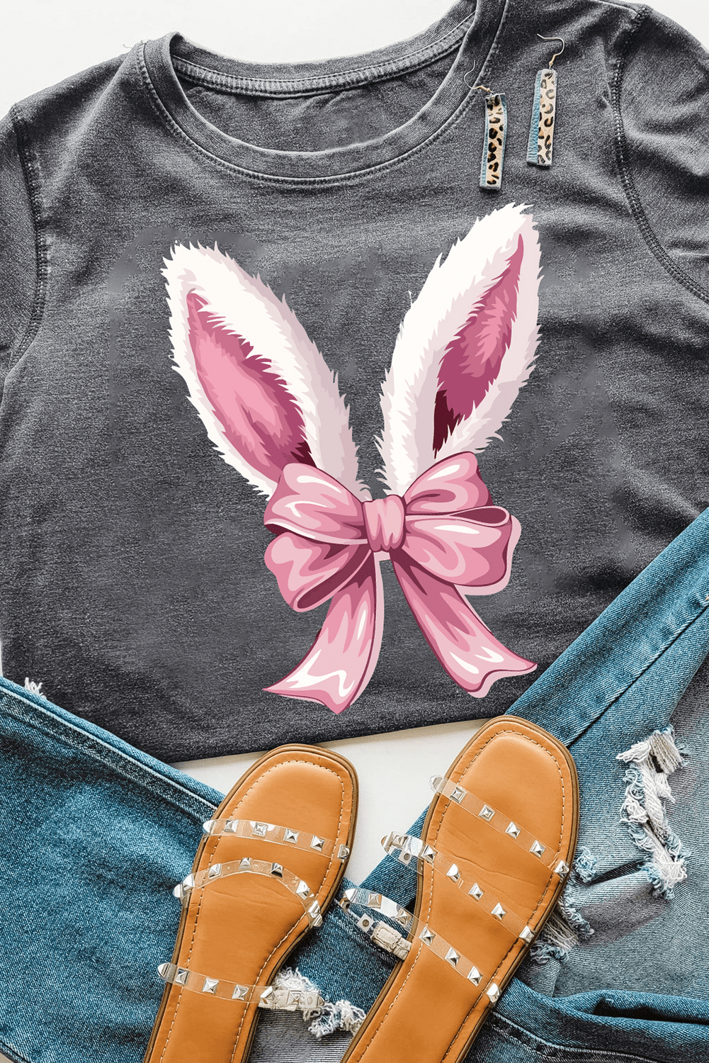 Gray Bunny Ear Bow Printed Easter Fashion T Shirt - Loving It Shop