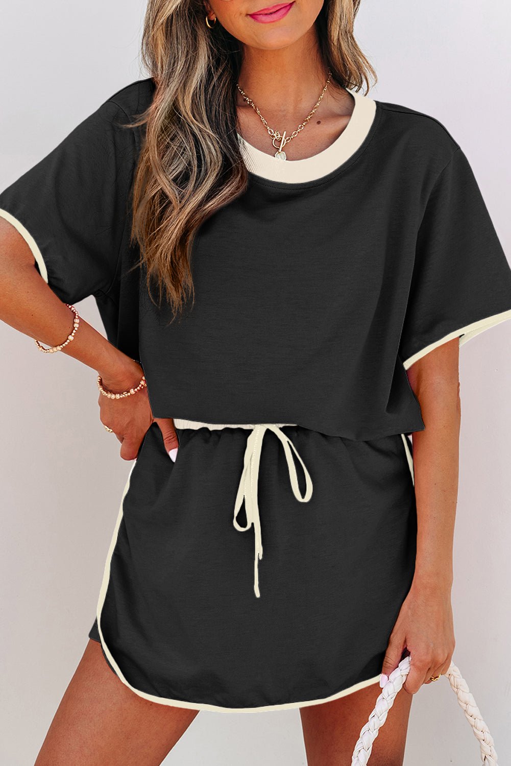 Black Colorblock Edge Drop Shoulder T Shirt and Skort 2Pcs Set - Loving It Shop