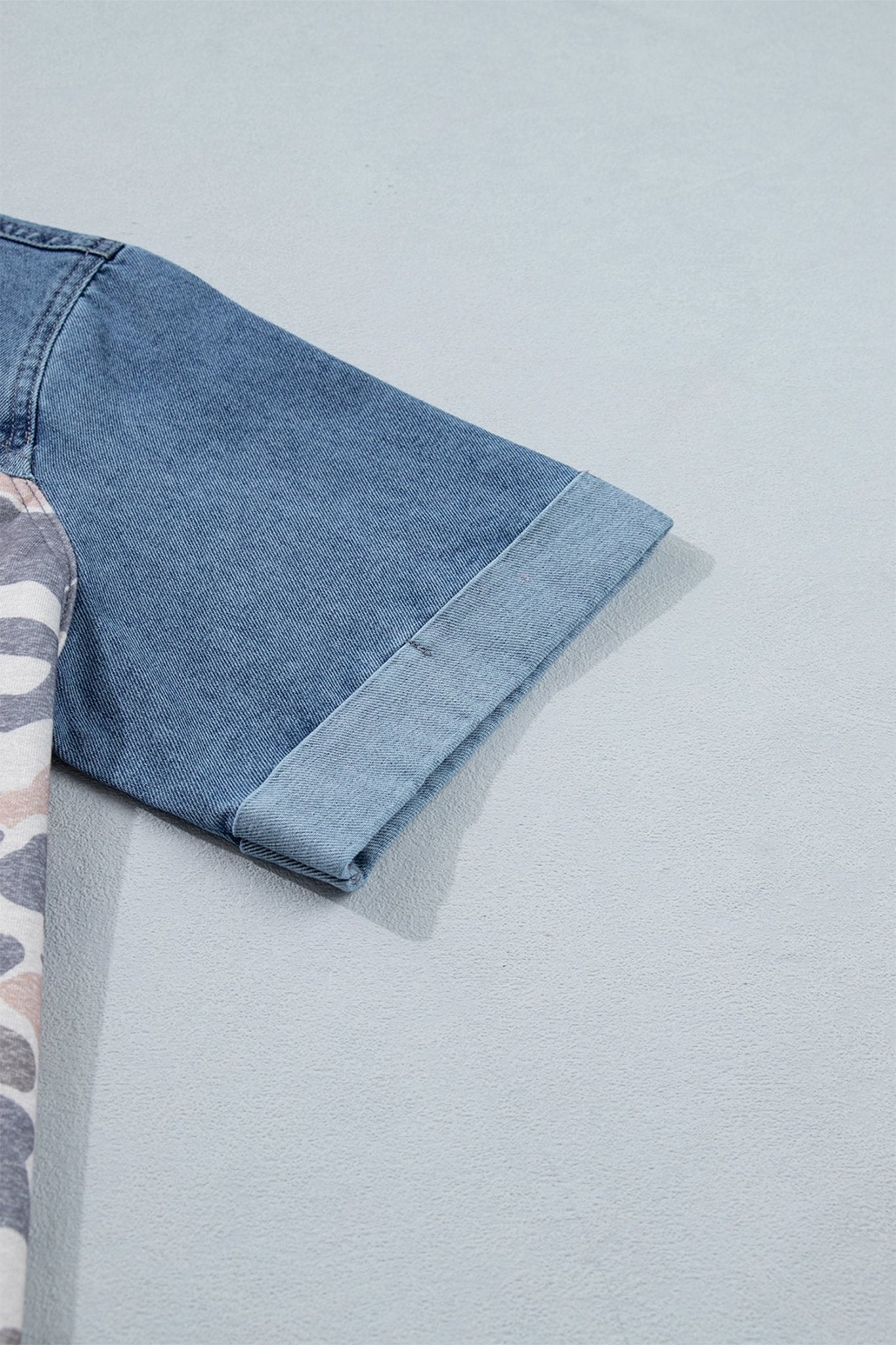 Multicolour Camouflage Print Denim Color Block Sleeve Casual Tee - Loving It Shop