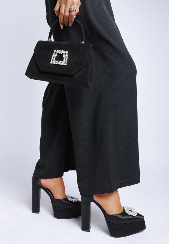 Maeissa Pearls Brooch Detail Block Heel Sandals