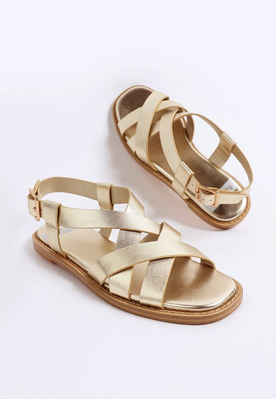 Doata Metallic Genuine Leather Buckled Flats