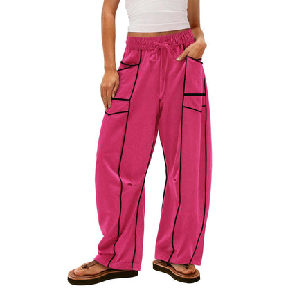 Y2K Black Striped Wide-leg Pants With Pockets Fashion Loose Drawstring Trousers Sports Sweatpants Women&