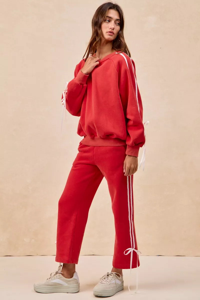 Side Lined Bow Details Fleece Sweatpants