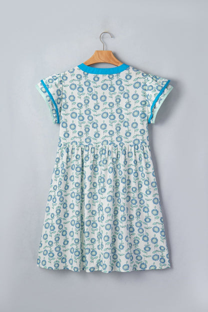 Sky Blue Floral Print Contrast Trim Flutter Sleeve Mini Dress - Loving It Shop