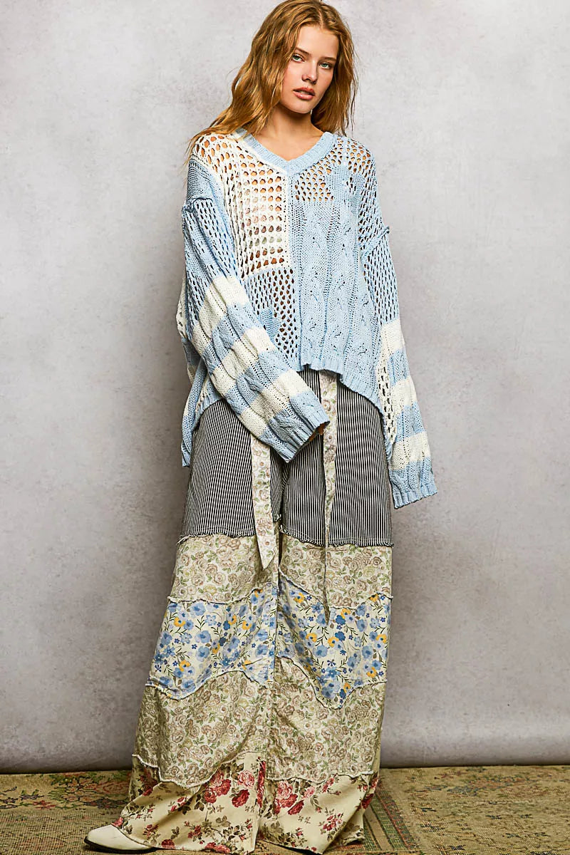 Color-Blocked Stripe Pattern Knit Top with Twisted Weave