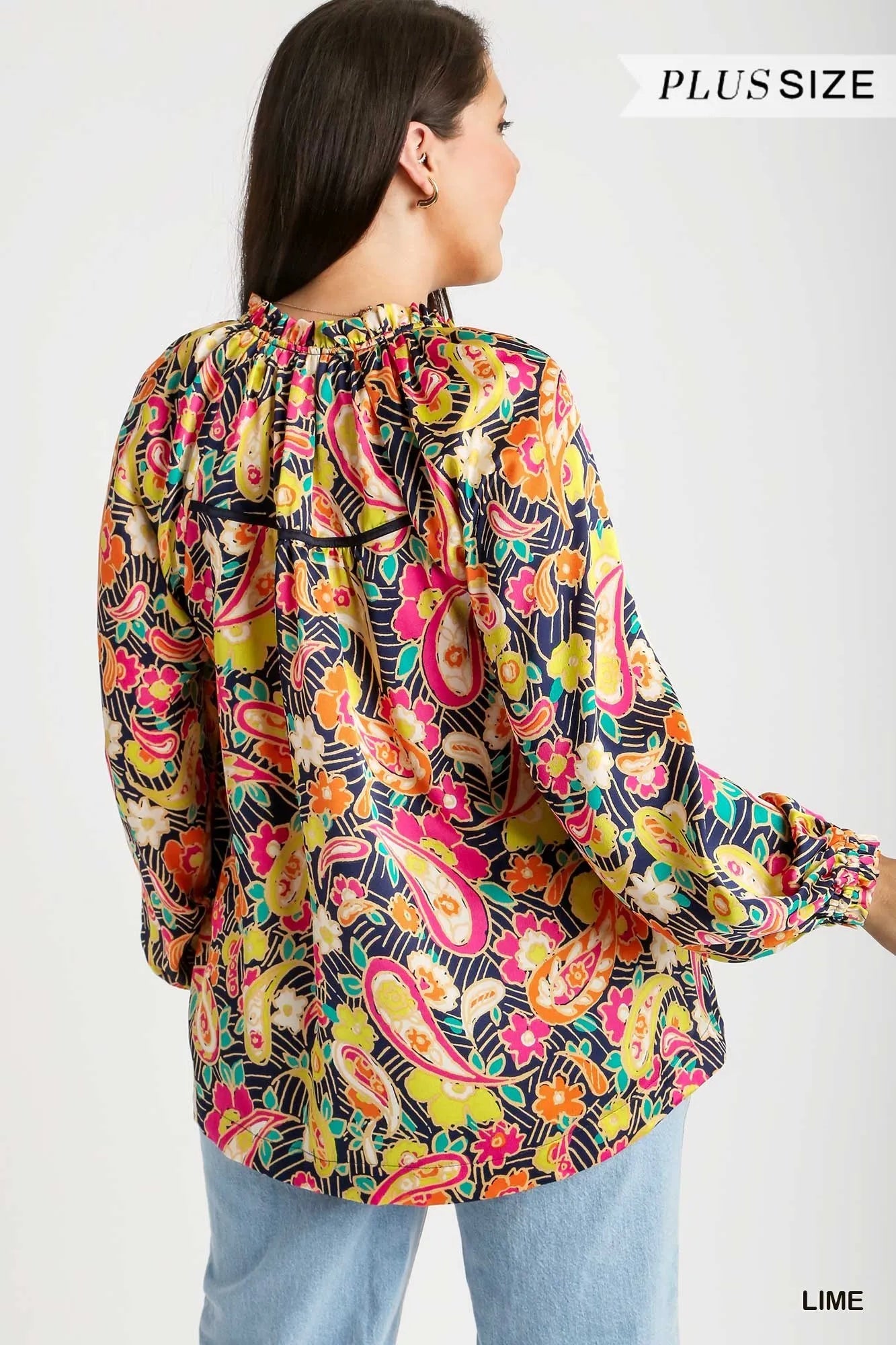 Full Size Satin Paisley Ruffle Neck Button-Up Shirt Plus Size