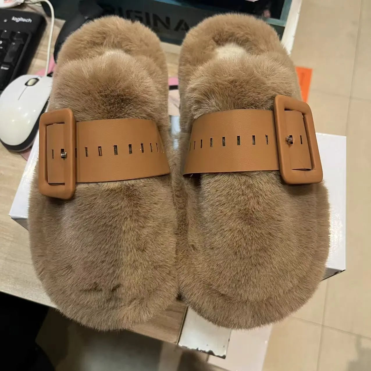 Faux Fur Buckle Slippers - Loving It Shop