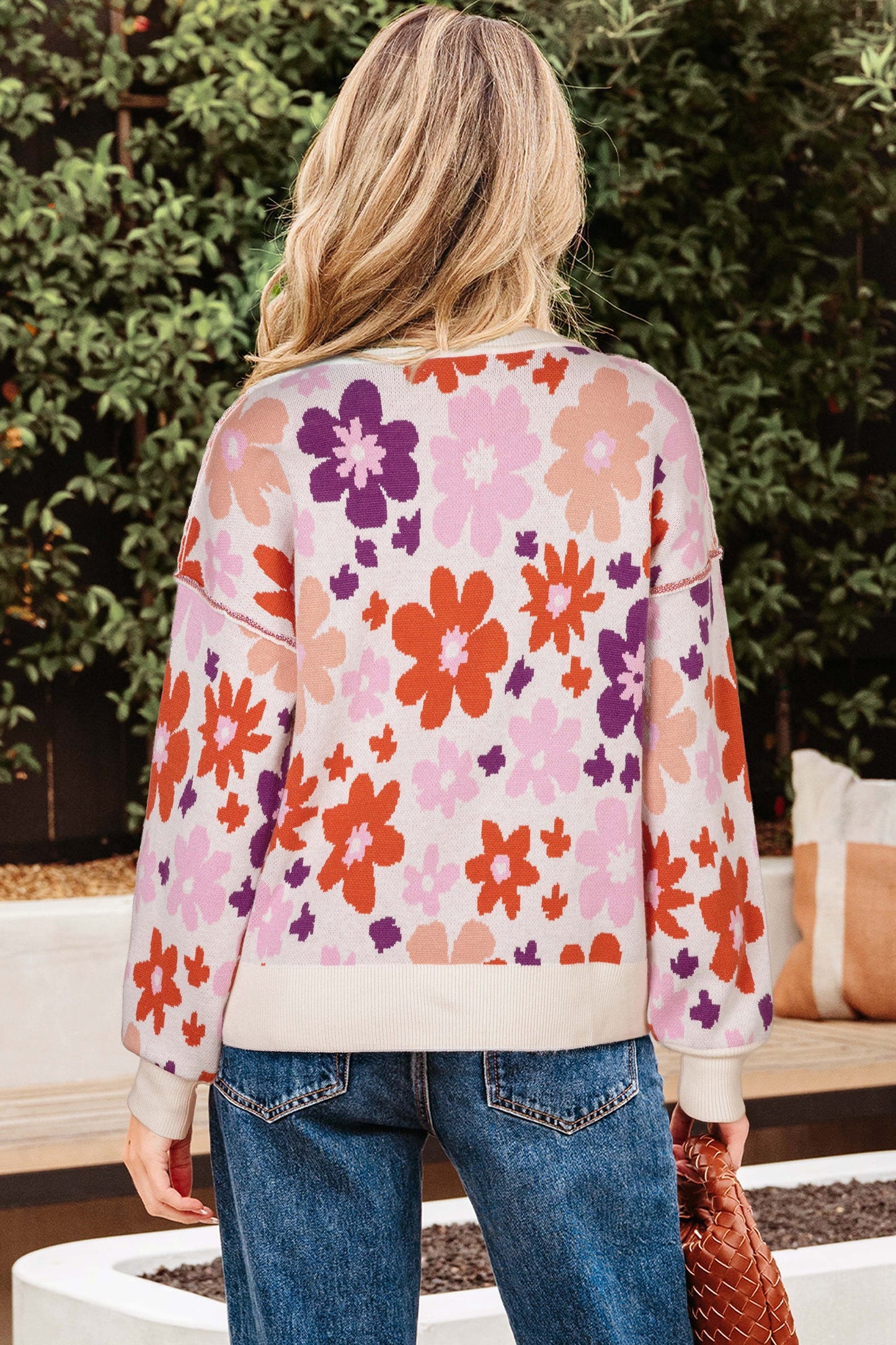Khaki Fall Floral Pattern Drop Shoulder Sweater