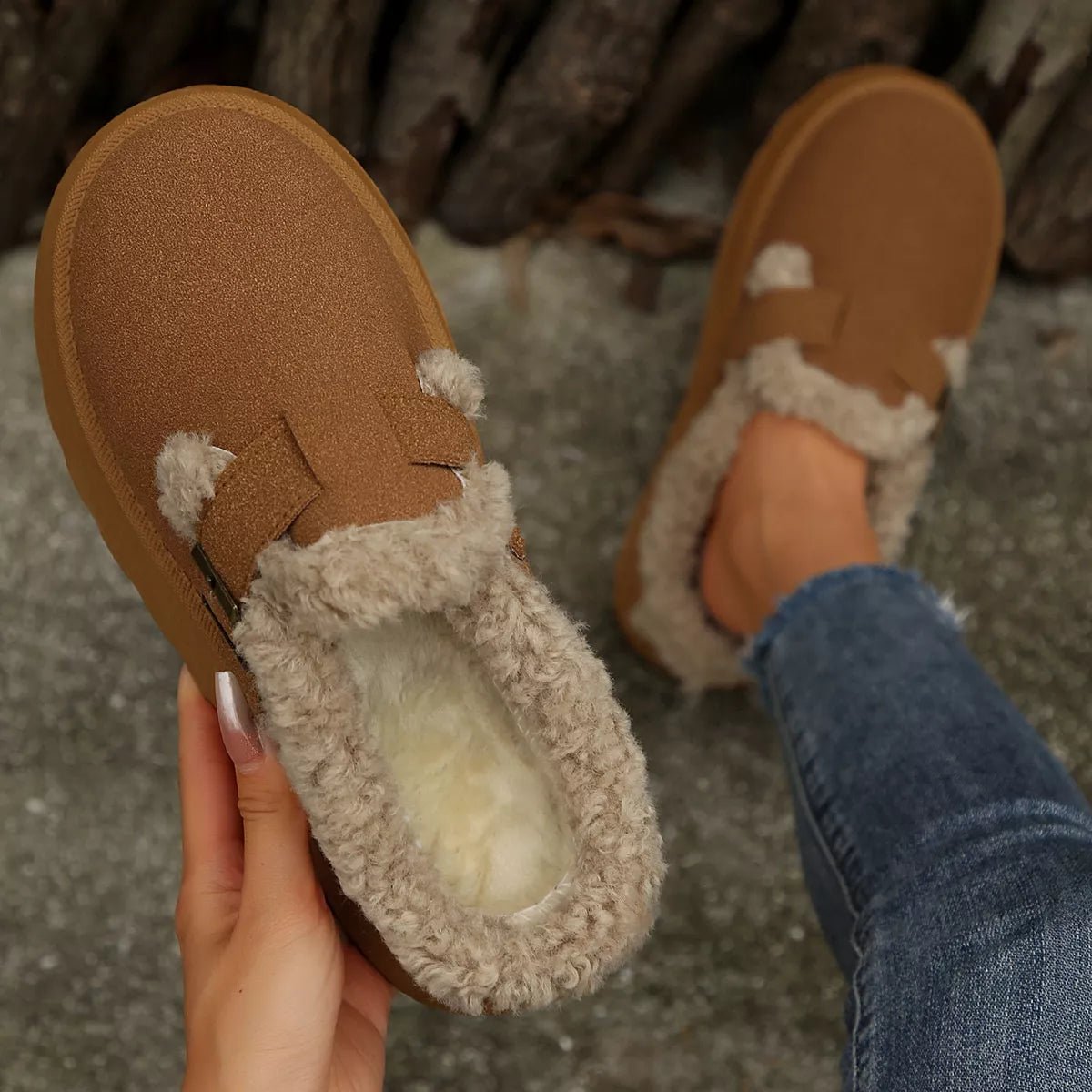Fuzzy Trim Buckle Platform Slippers - Loving It Shop