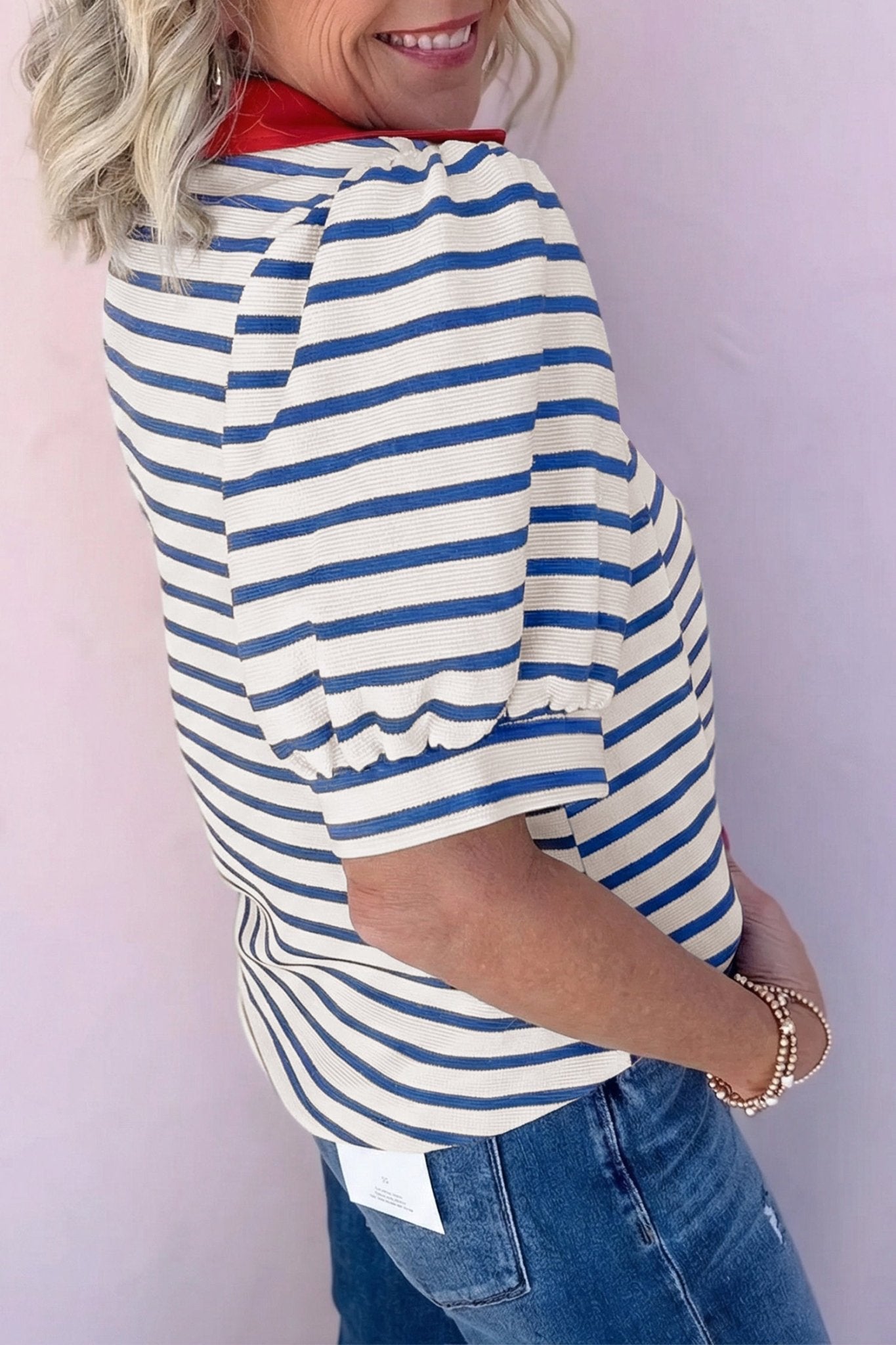 Blue Stripe Short Puff Sleeve Color Block Polo Collar Blouse - Loving It Shop