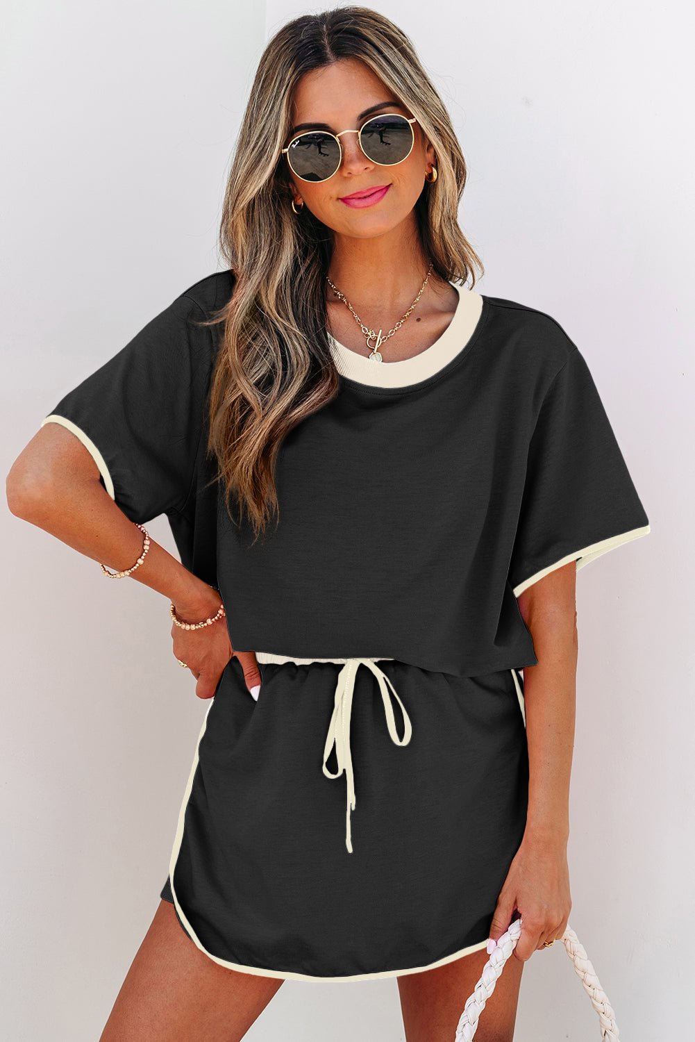 Black Colorblock Edge Drop Shoulder T Shirt and Skort 2Pcs Set - Loving It Shop