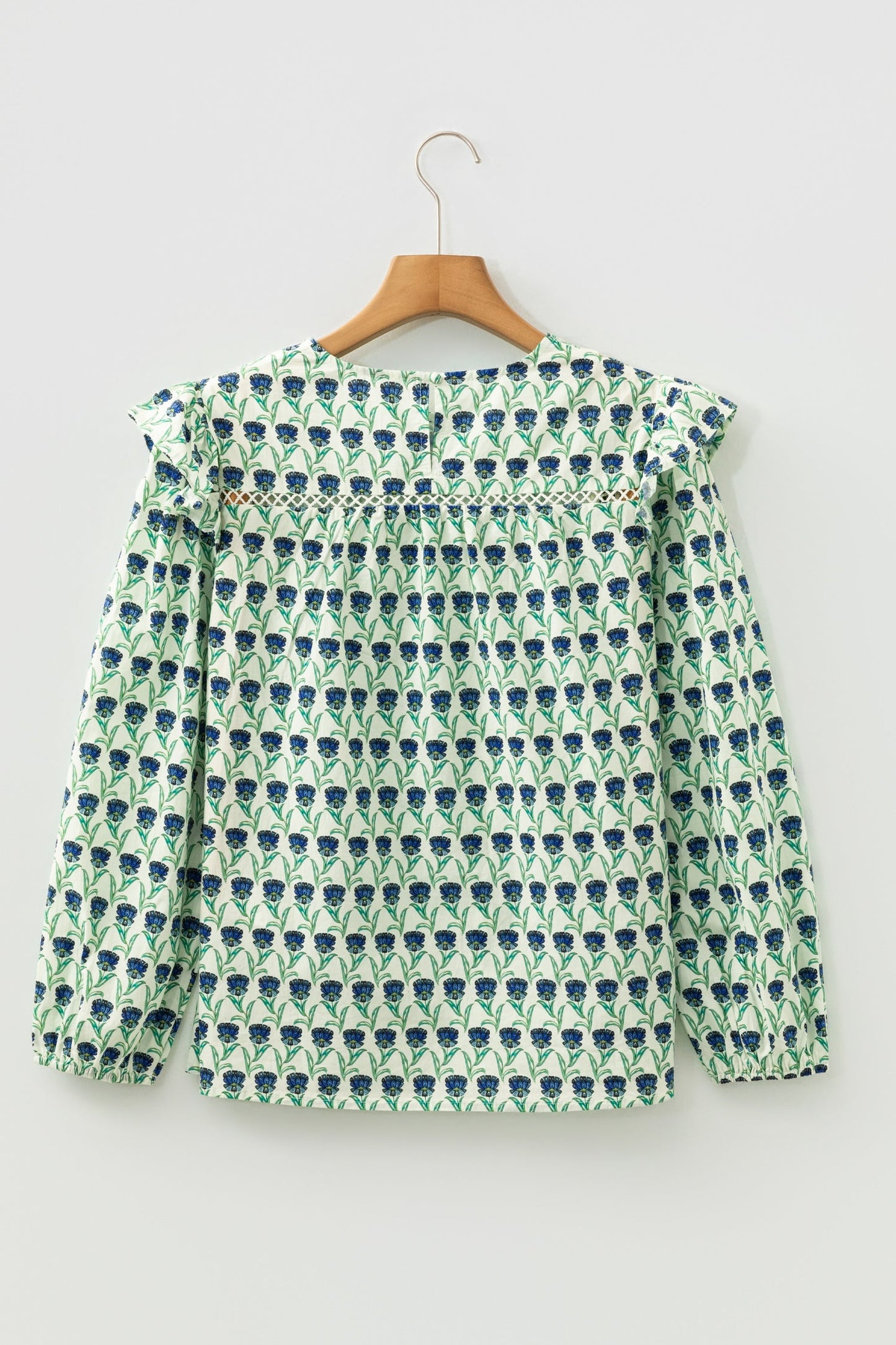 Green Floral Print Lace Detail Ruffle Trim Long Sleeve Blouse