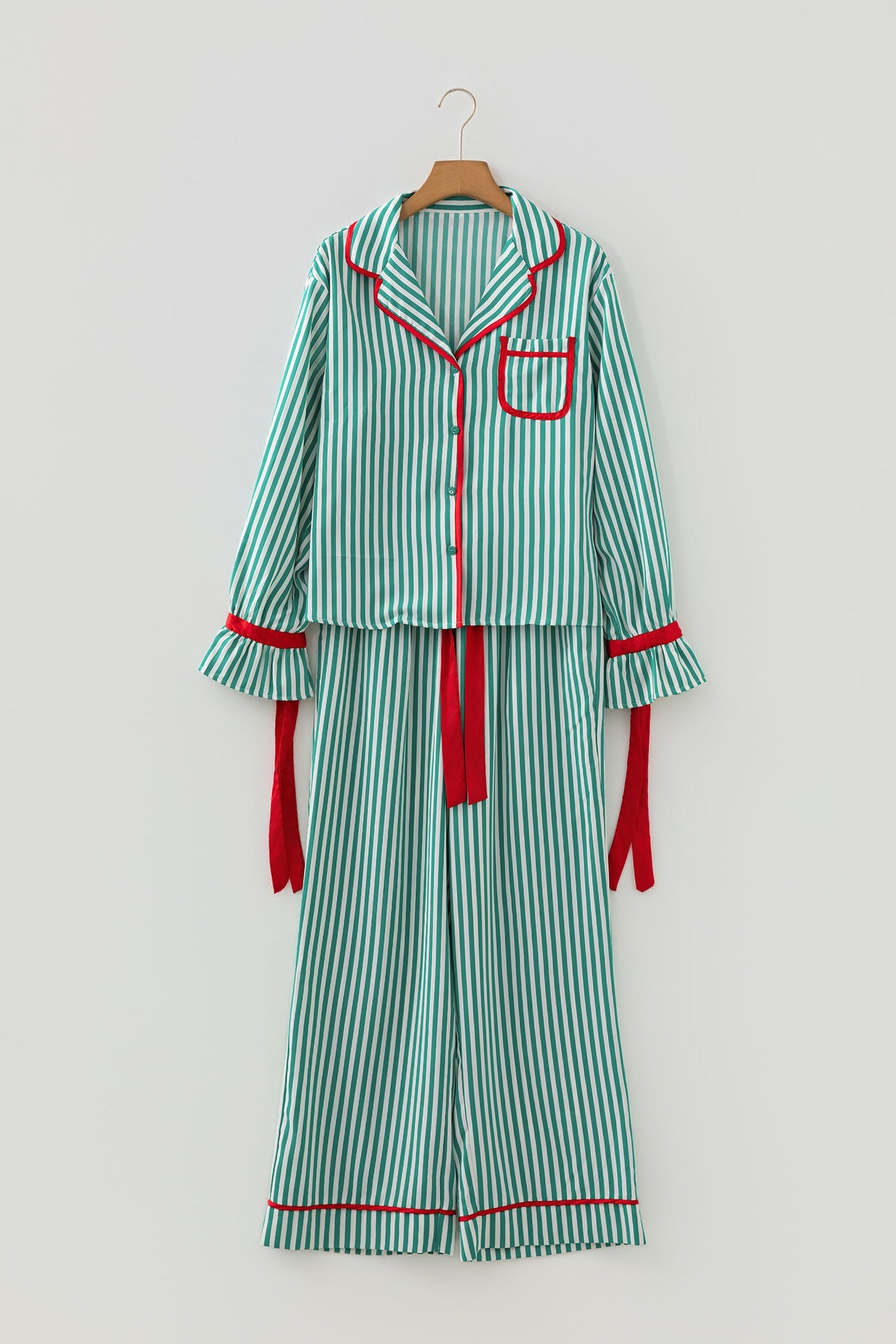 Green Stripe Contrast Velvet Trim Bow Knot Waist 2pcs Pajama Set