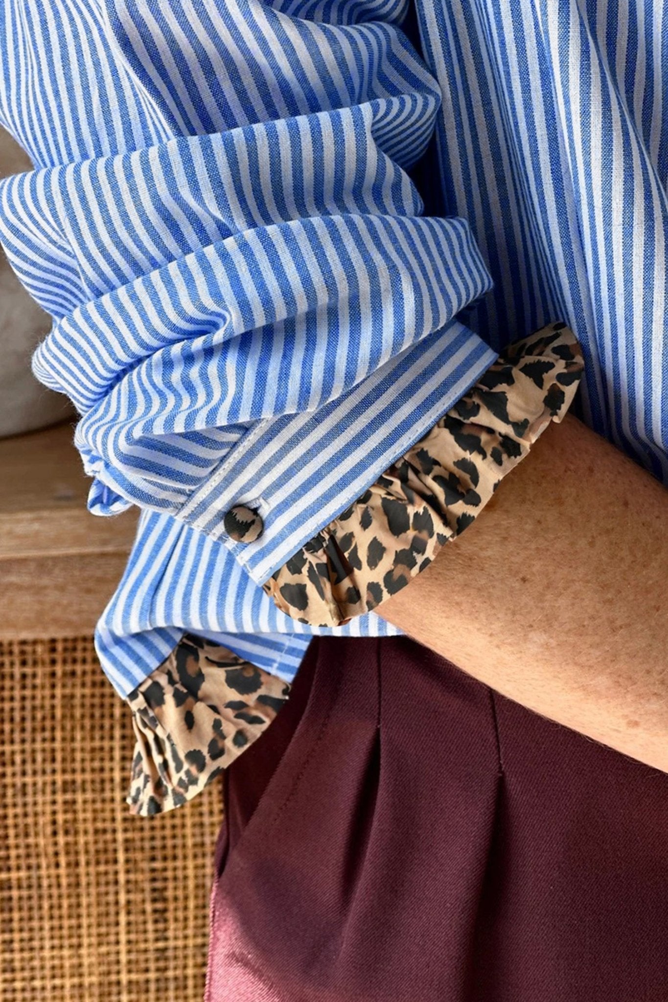 Sky Blue Stripe Contrast Frilled Leopard Trim Casual Long Sleeve Shirt - Loving It Shop