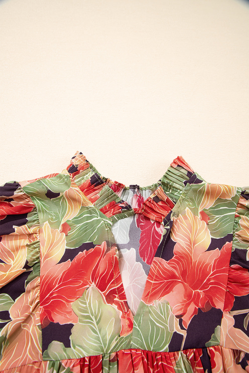 Green Floral Print Frilled Collar V Neck Half Sleeve Mini Dress
