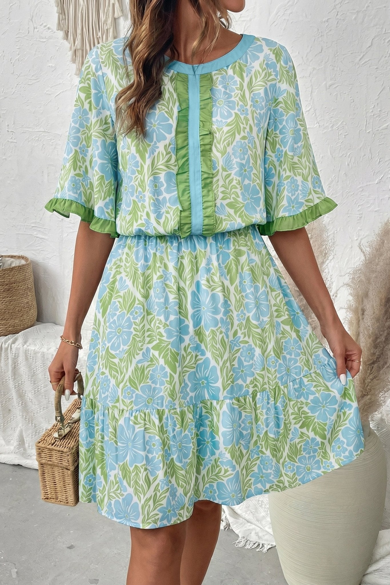 Sky Blue Floral Print High Waist Ruffle Short Sleeve Mini Dress - Loving It Shop