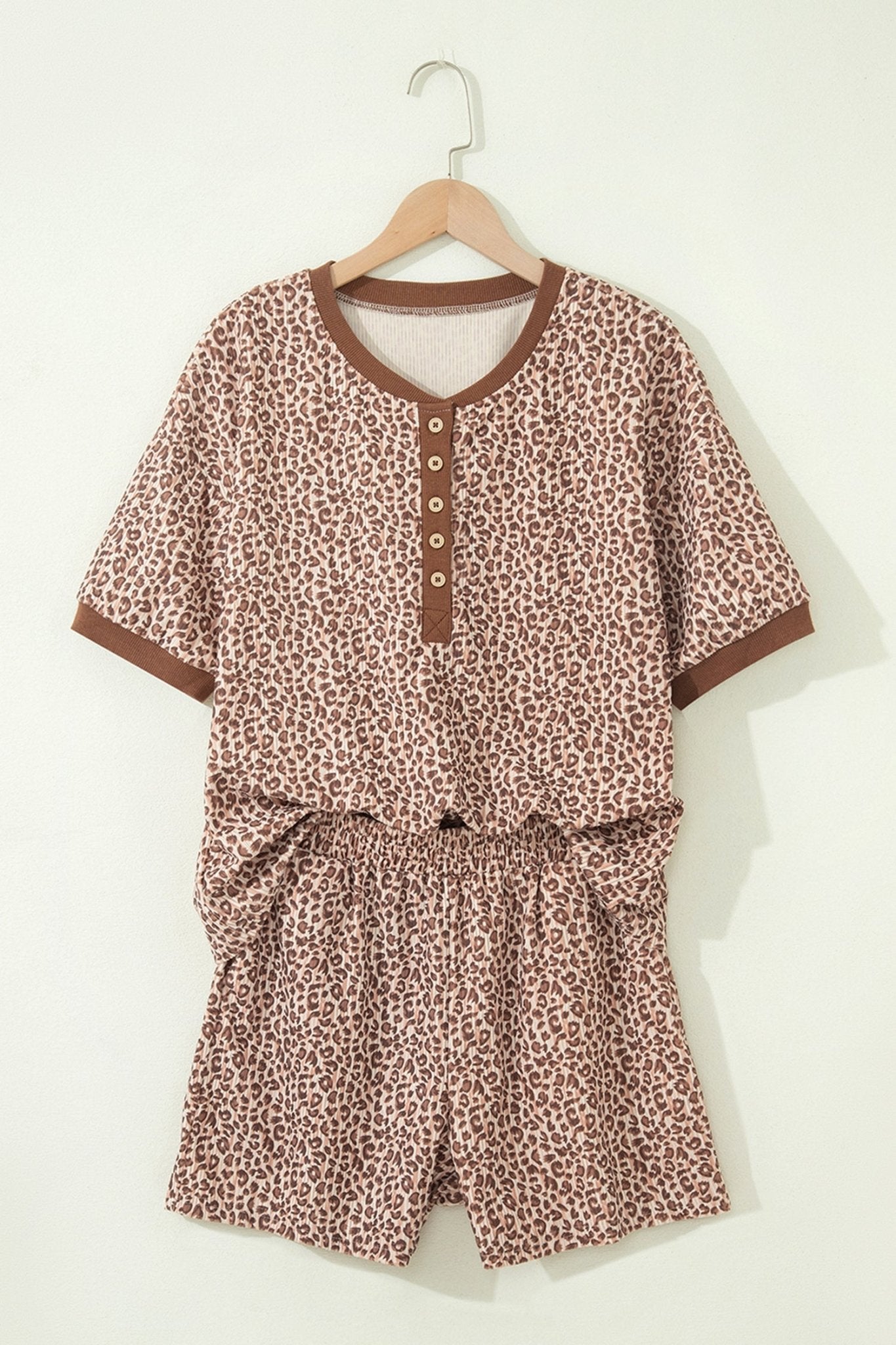 Brown Leopard Print Ribbed Patchwork Half Button Loose Tee Elastic Waist Short 2pcs Set - Loving It Shop