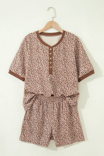 Brown Leopard Print Ribbed Patchwork Half Button Loose Tee Elastic Waist Short 2pcs Set - Loving It Shop