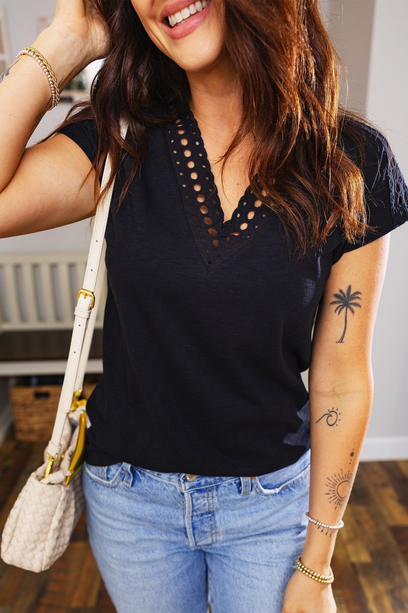 Black Cutout Embroidered Trim V Neck Cap Sleeve Tee - Loving It Shop