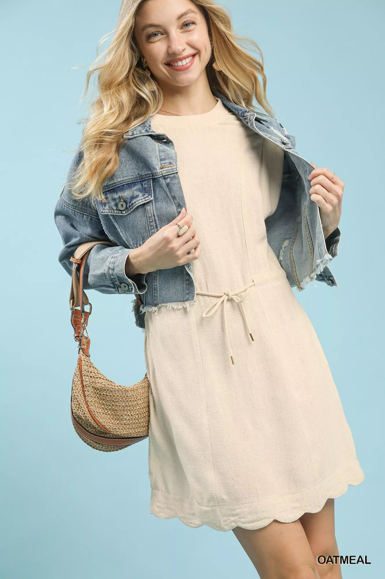 Linen Blend Scallop Hem Mini Dress