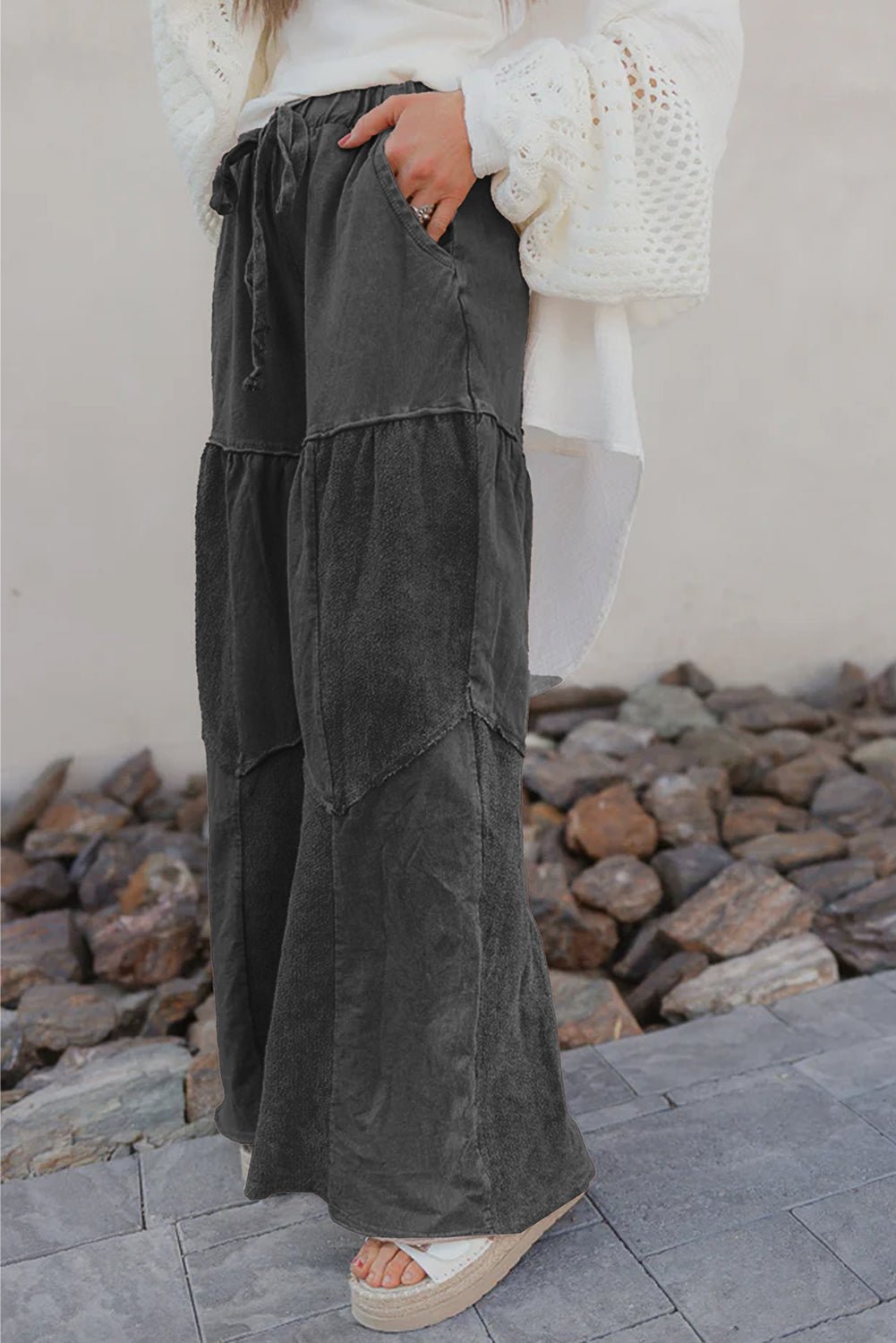 Black Mineral Wash Tiered Wide Leg Patchwork Drawstring Pants - Loving It Shop