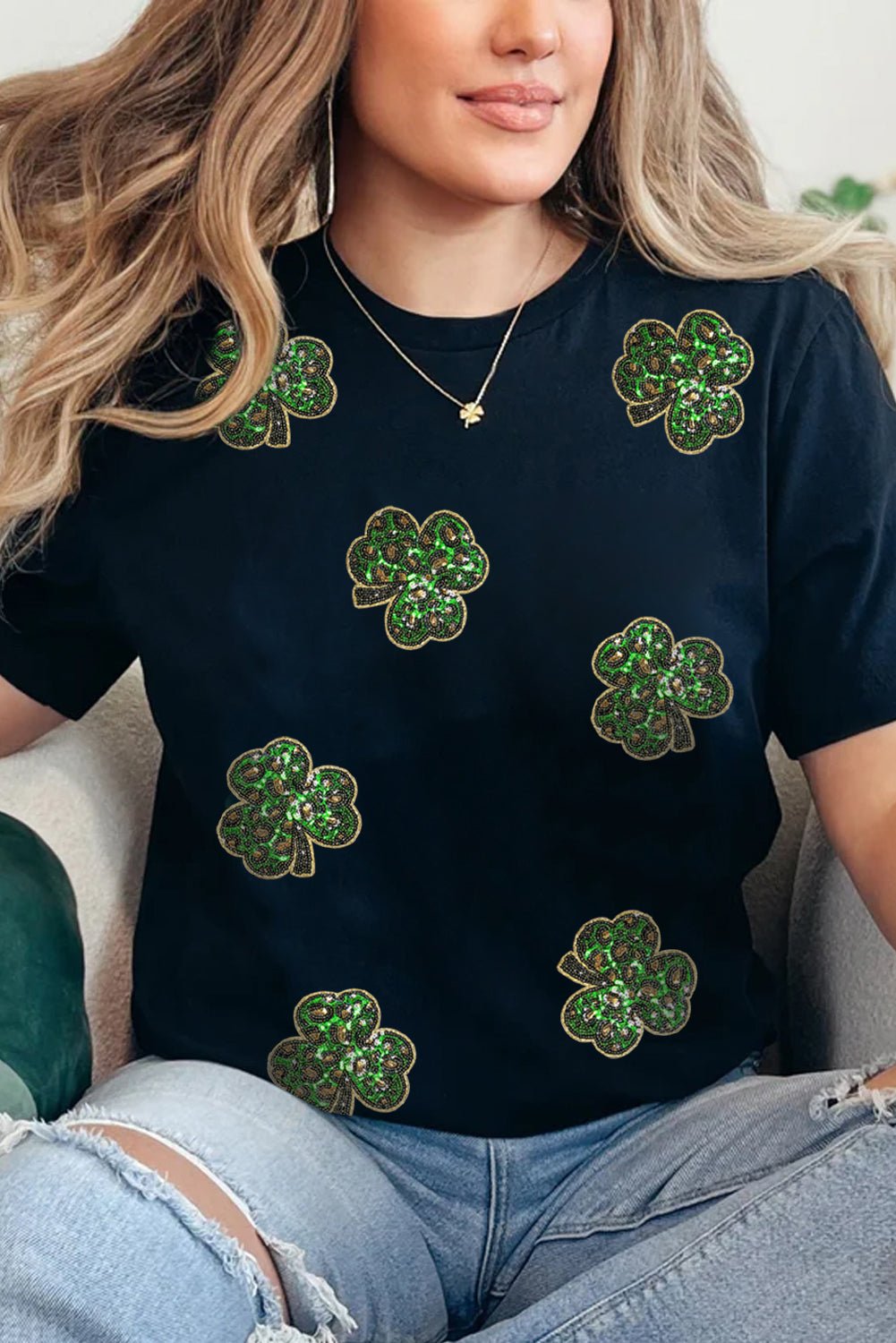 Black Sequin Leopard Clover Graphic Crewneck St Patrick Tee - Loving It Shop