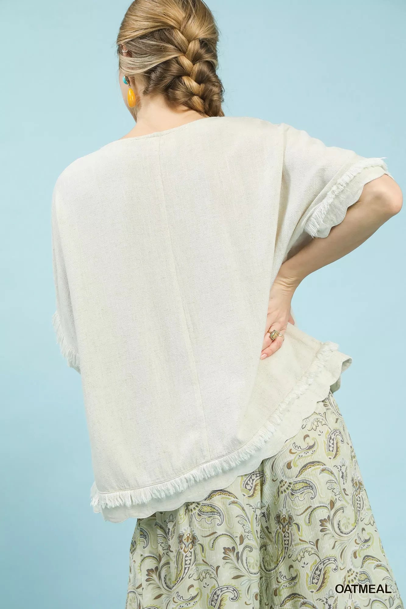 Linen Frayed Hem Scallop Edge Top