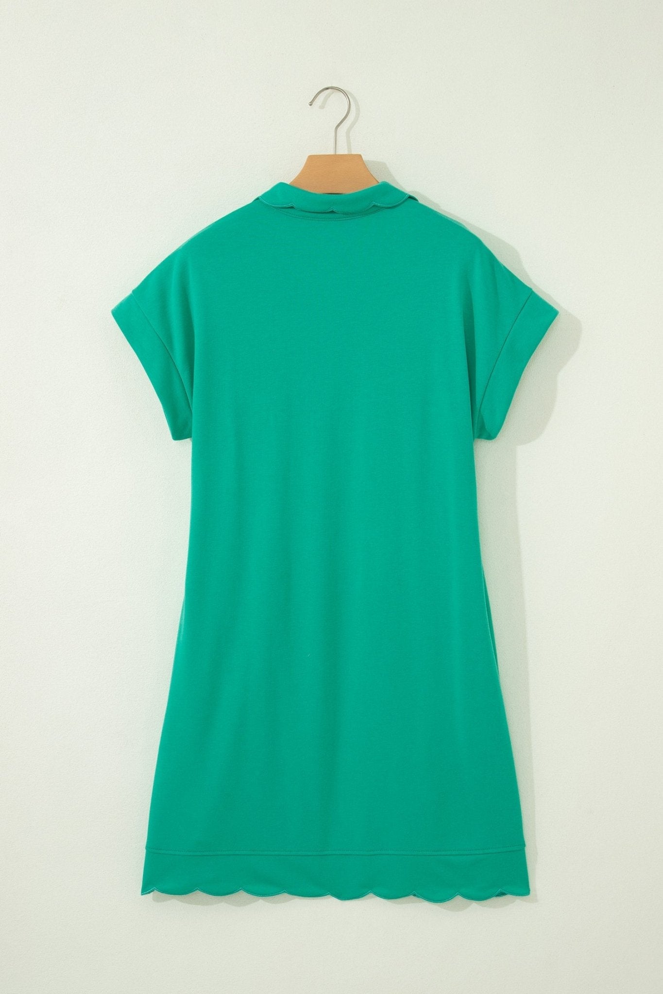 Sea Green Solid Color Snap Button Polo Collar Short Sleeve Scallop Hem Mini Dress - Loving It Shop