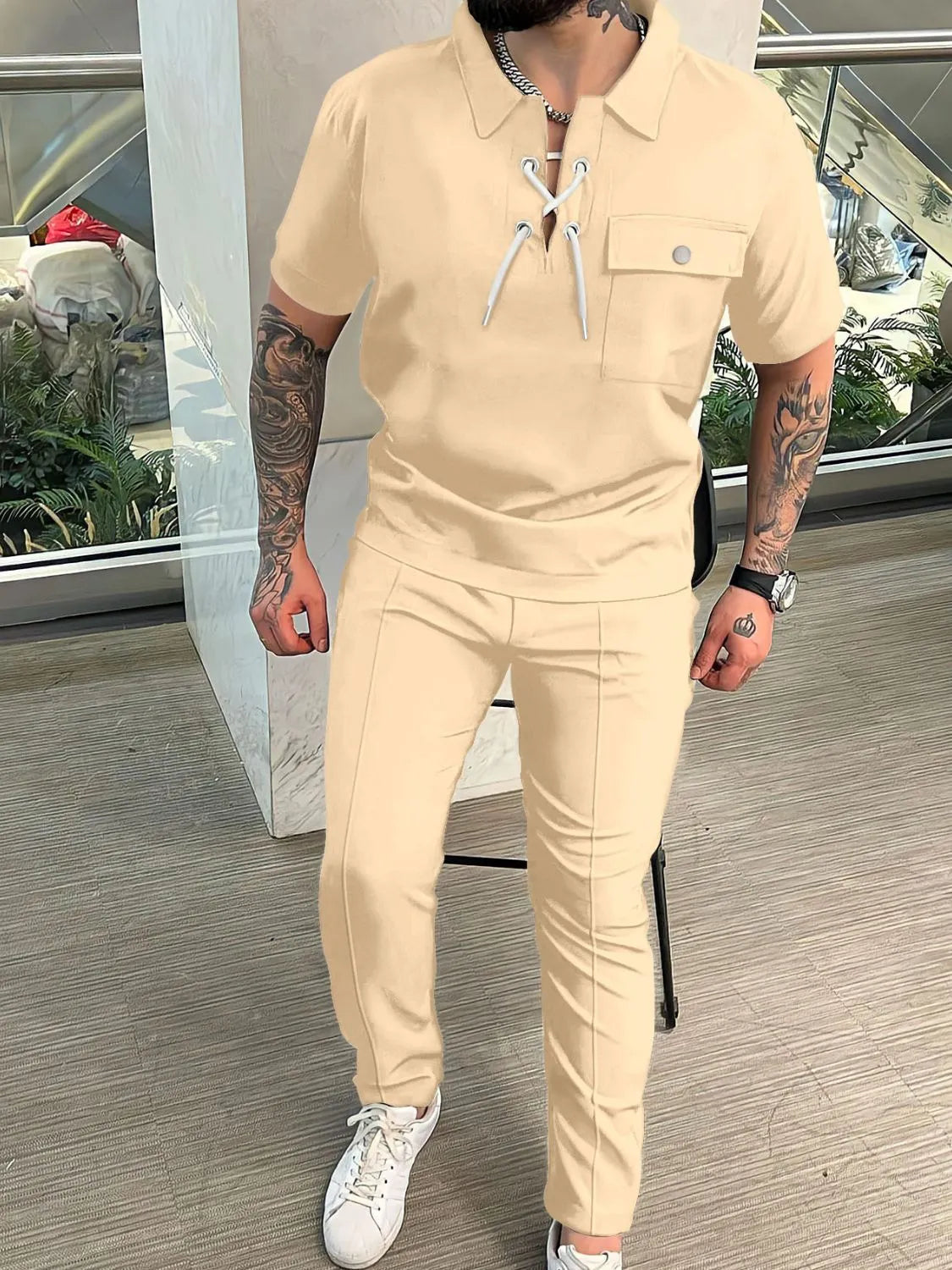 Men's Full Size Lace Up Short Sleeve Top and Pants Plus Size