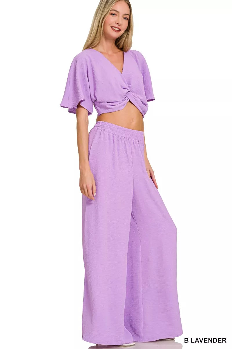 Woven Airflow Twisted Top & Wide Leg Pants Set
