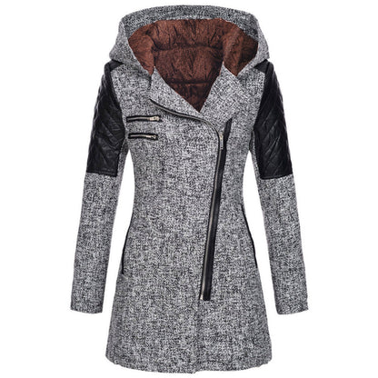 Women Warm Slim Full Zipper Coat Thick Woolen Coat Female Fall Winter Windbreaker Hooded Diagonal Zipper Women&