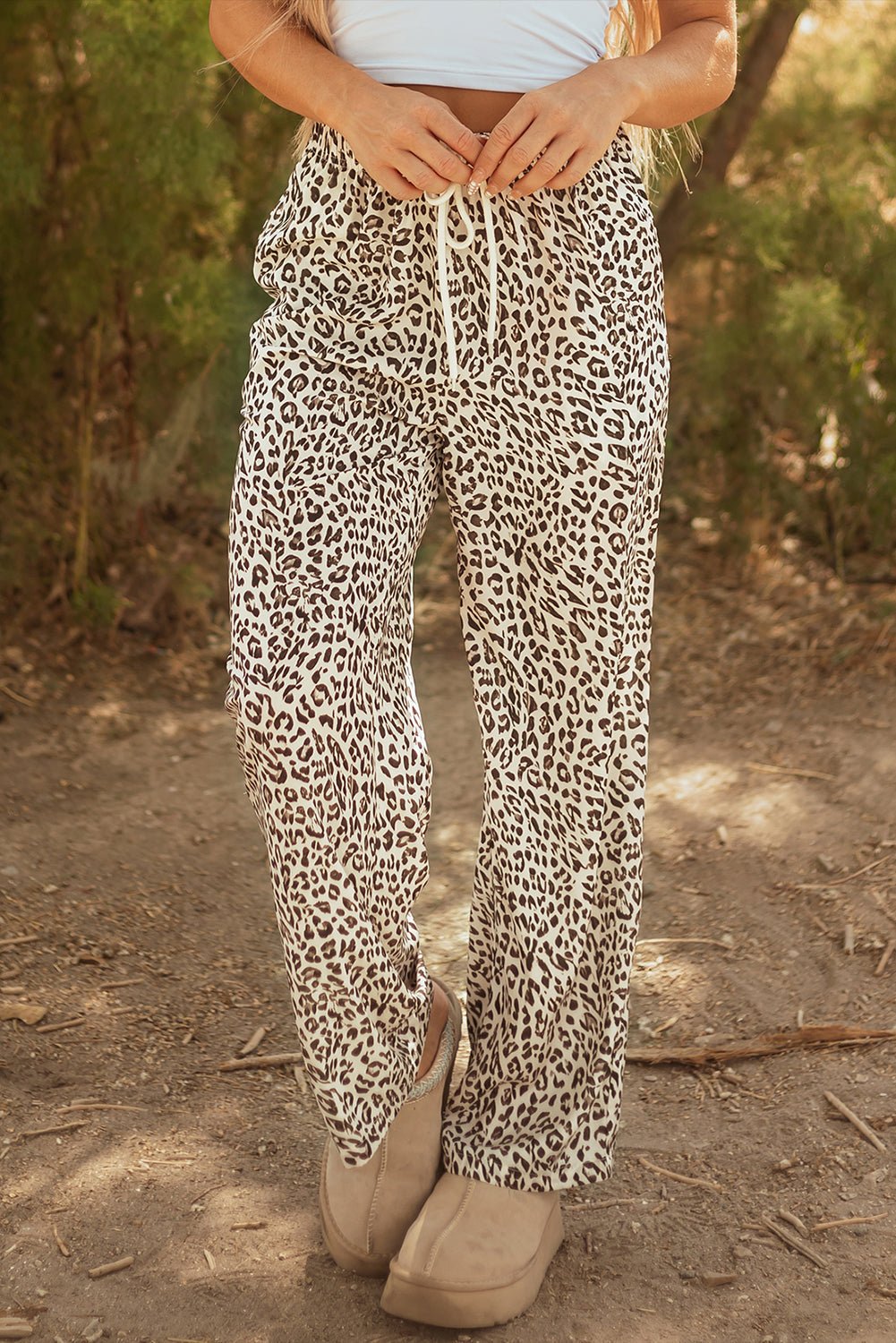 Brown Leopard Drawstring Elastic Waistband Loose Pants - Loving It Shop