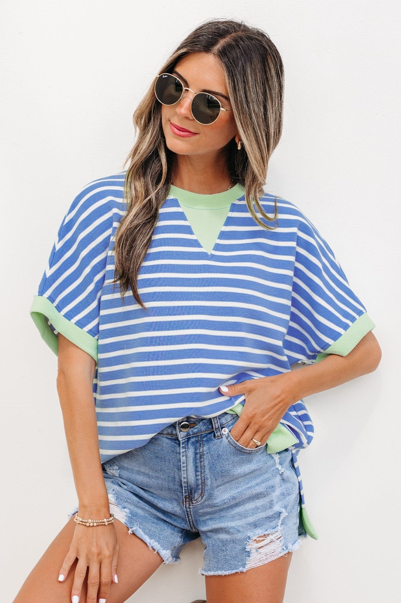 Sky Blue Stripe Contrast Trim Loose Short Sleeve Top - Loving It Shop
