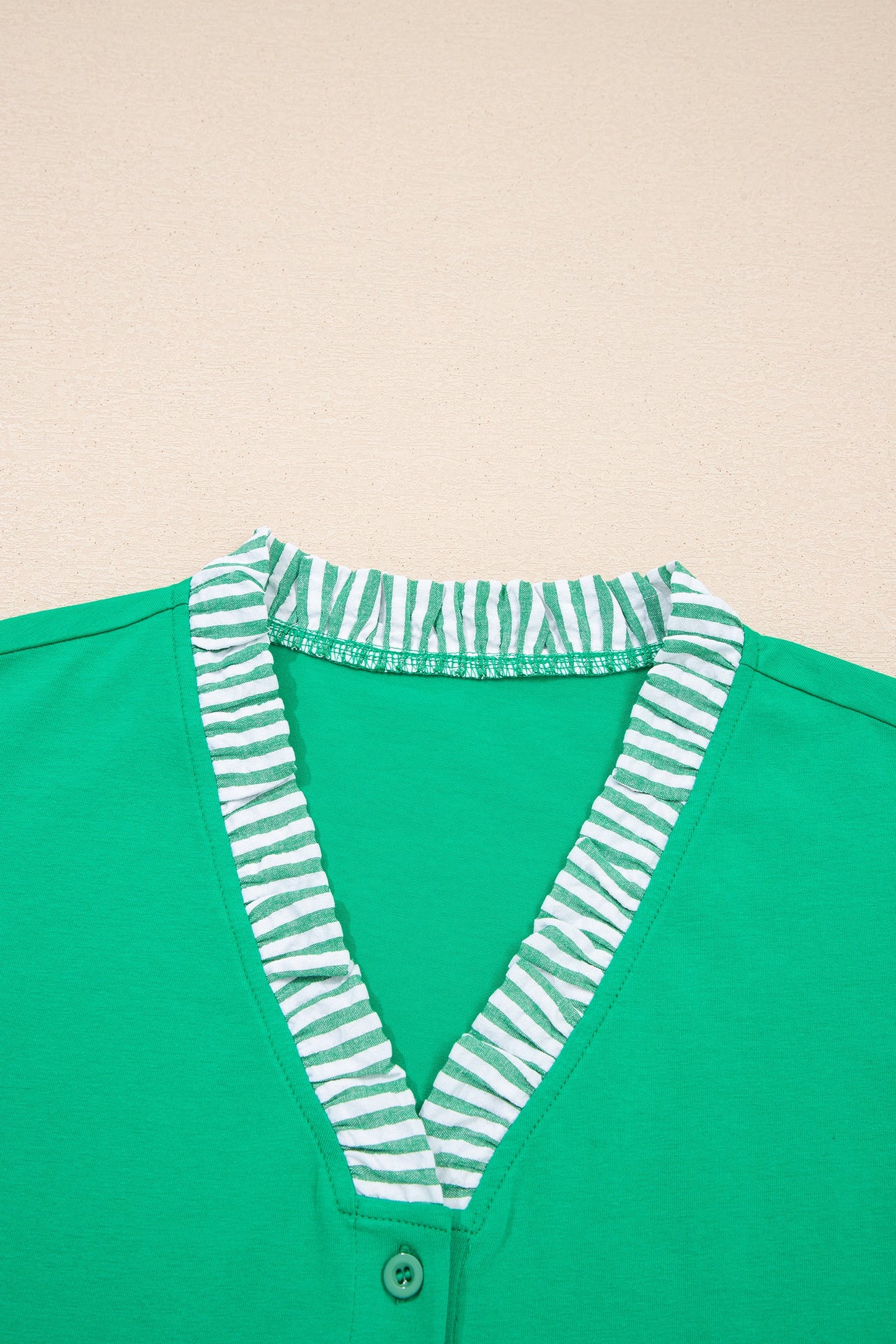 Dark Green Plus Size Button Front Ruffled Stripe Trim V Neck Flutter Sleeve Blouse