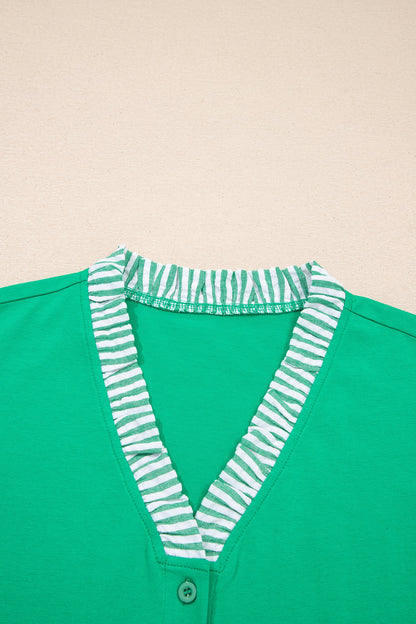 Dark Green Plus Size Button Front Ruffled Stripe Trim V Neck Flutter Sleeve Blouse