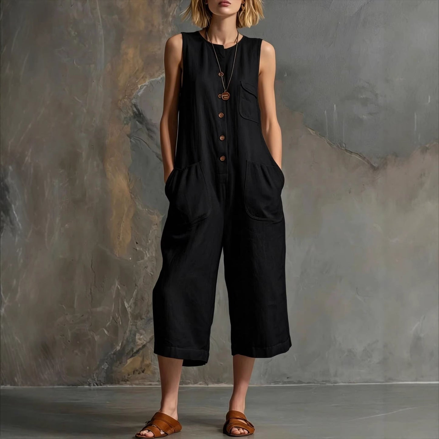 Retro Sleeveless Cotton-Linen Wide-Leg Cropped Jumpsuit