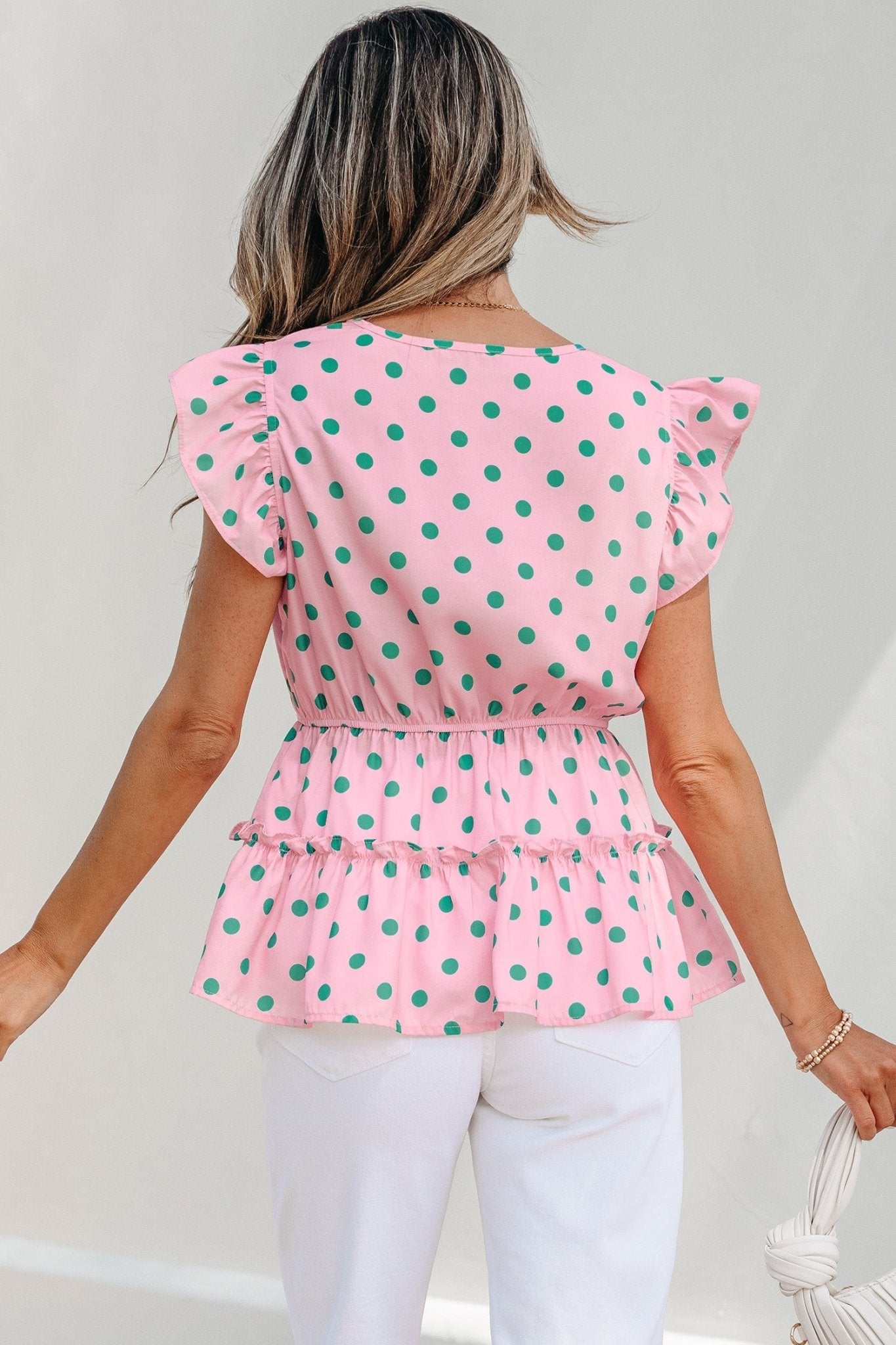 Pink V Neck Polka Dot Print Drawstring Tiered Babydoll Blouse - Loving It Shop
