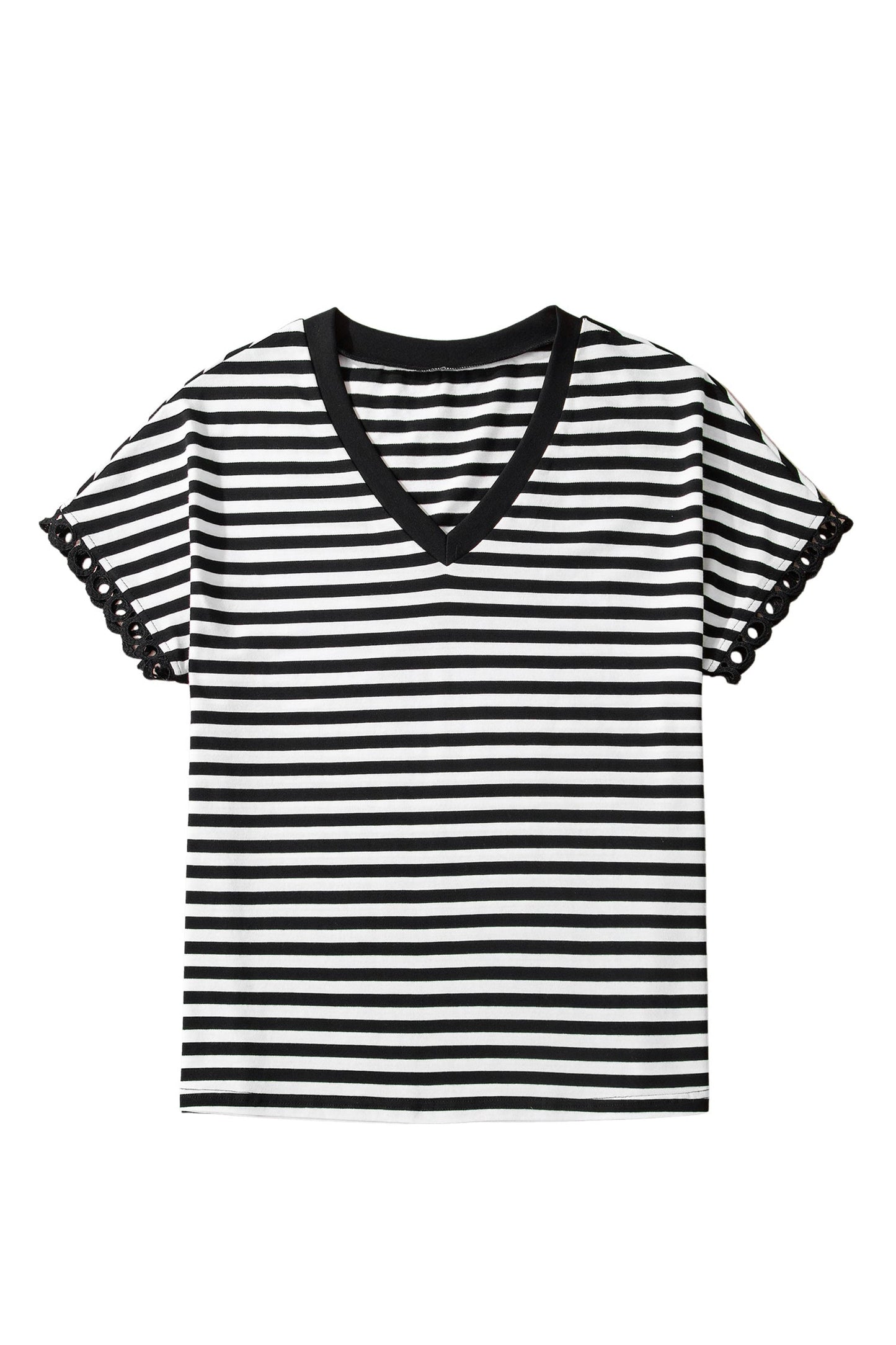 Black Striped Print V Neck Delicate Trim Casual Tee