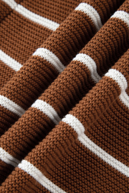 Chestnut Tie Front Striped Knit V Neck Cardigan Sweater