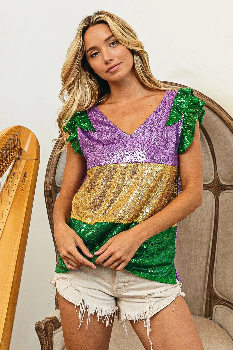 Mardi Gras Sequin Color Block Ruffled Top