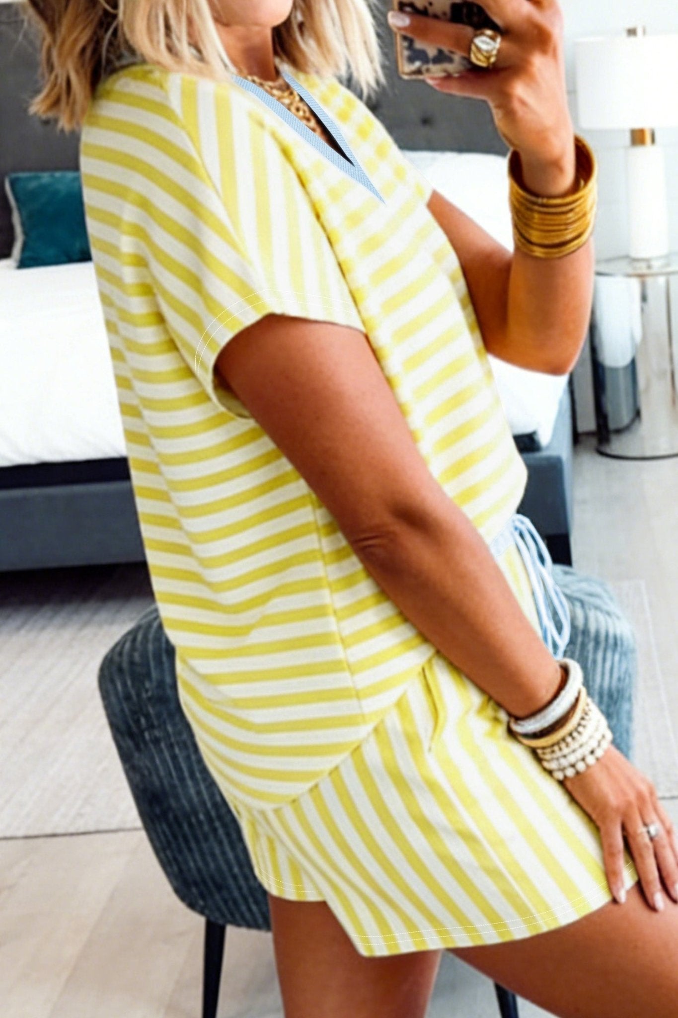 Yellow Stripe Colorblock Trim V Neck Tee Drawstring Elastic Waist Short Set - Loving It Shop