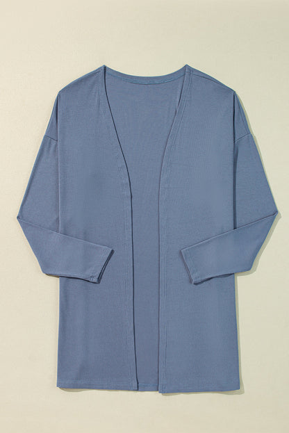 Solid Color Rib Knit Open Front Tunic Cardigan
