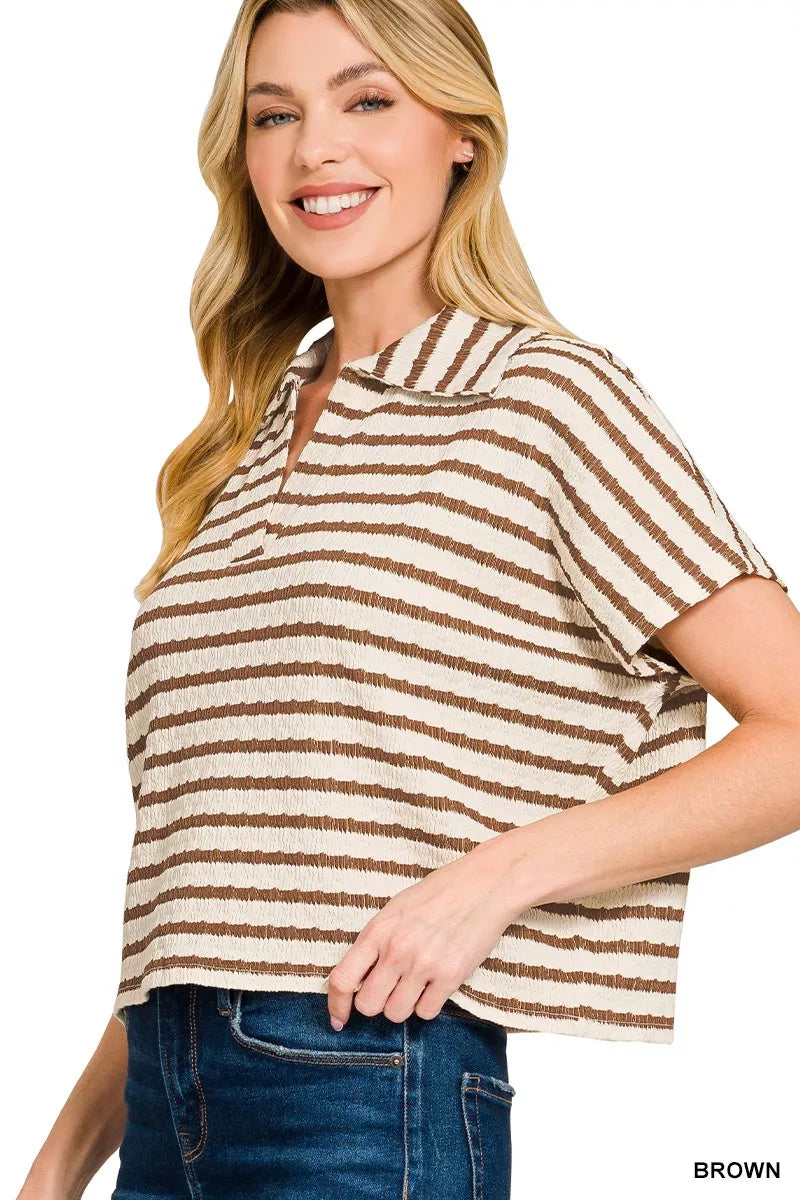 Striped Split Neck Collared Top