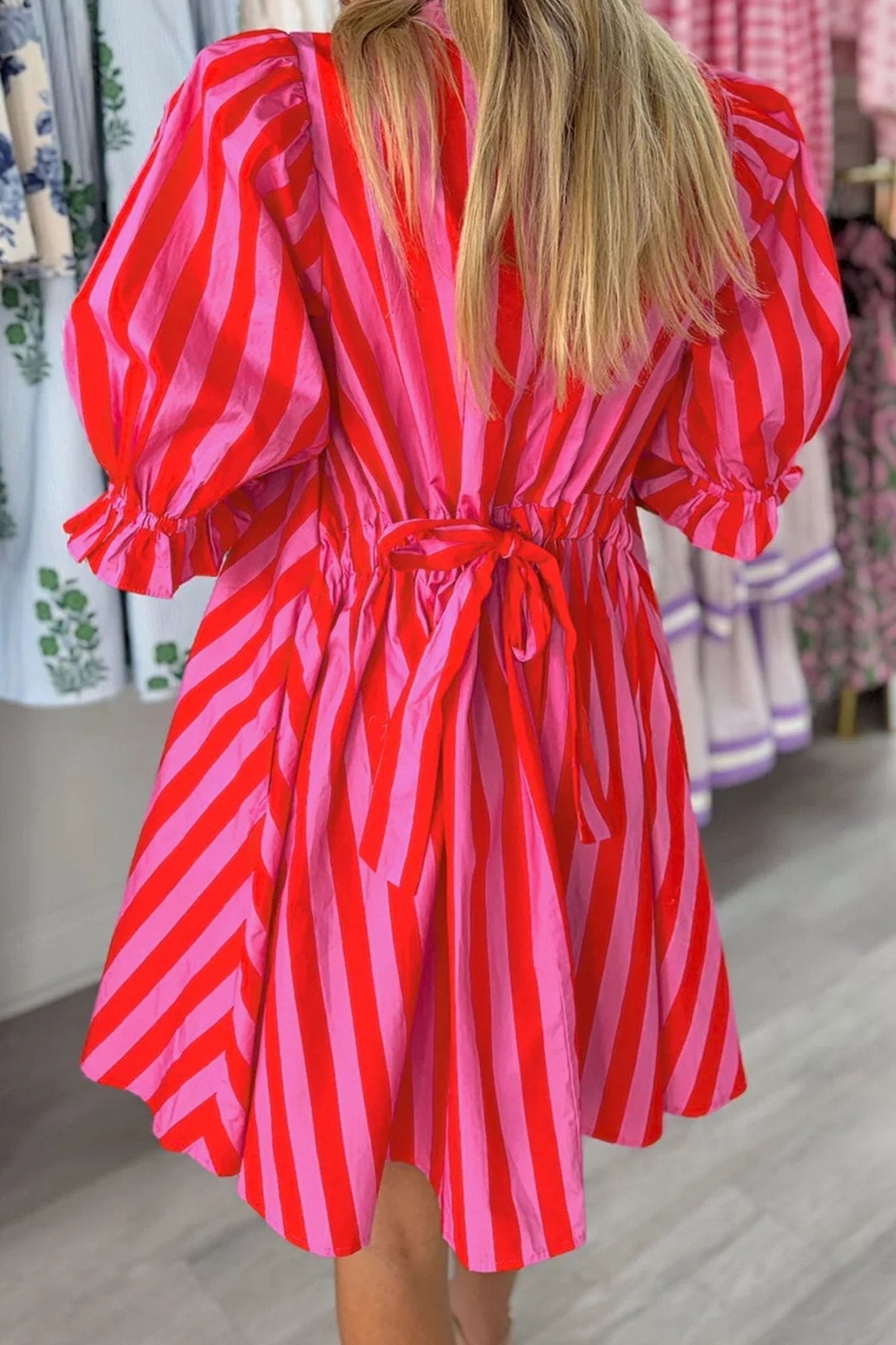 Red Stripe Half Button Puff Sleeve Loose Mini Dress - Loving It Shop