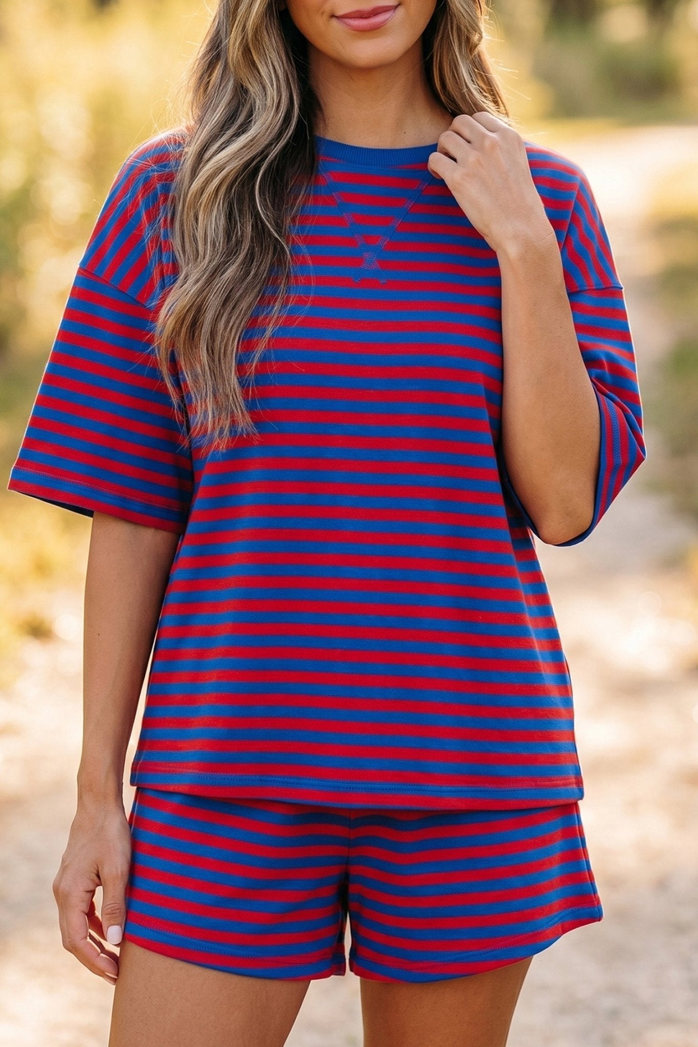 Navy Stripe Striped Ribbed Cotton Two - Piece Short Set with Chest Patch Detail - Loving It Shop
