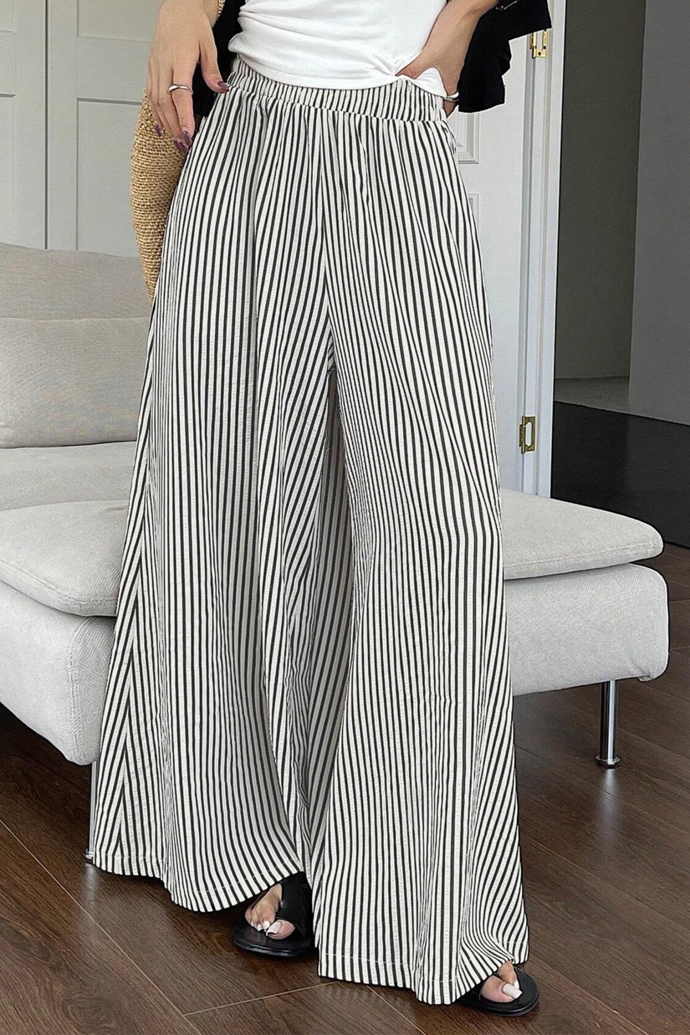 Black Stripe Elastic Waist Ultra Wide Leg Pants - Loving It Shop