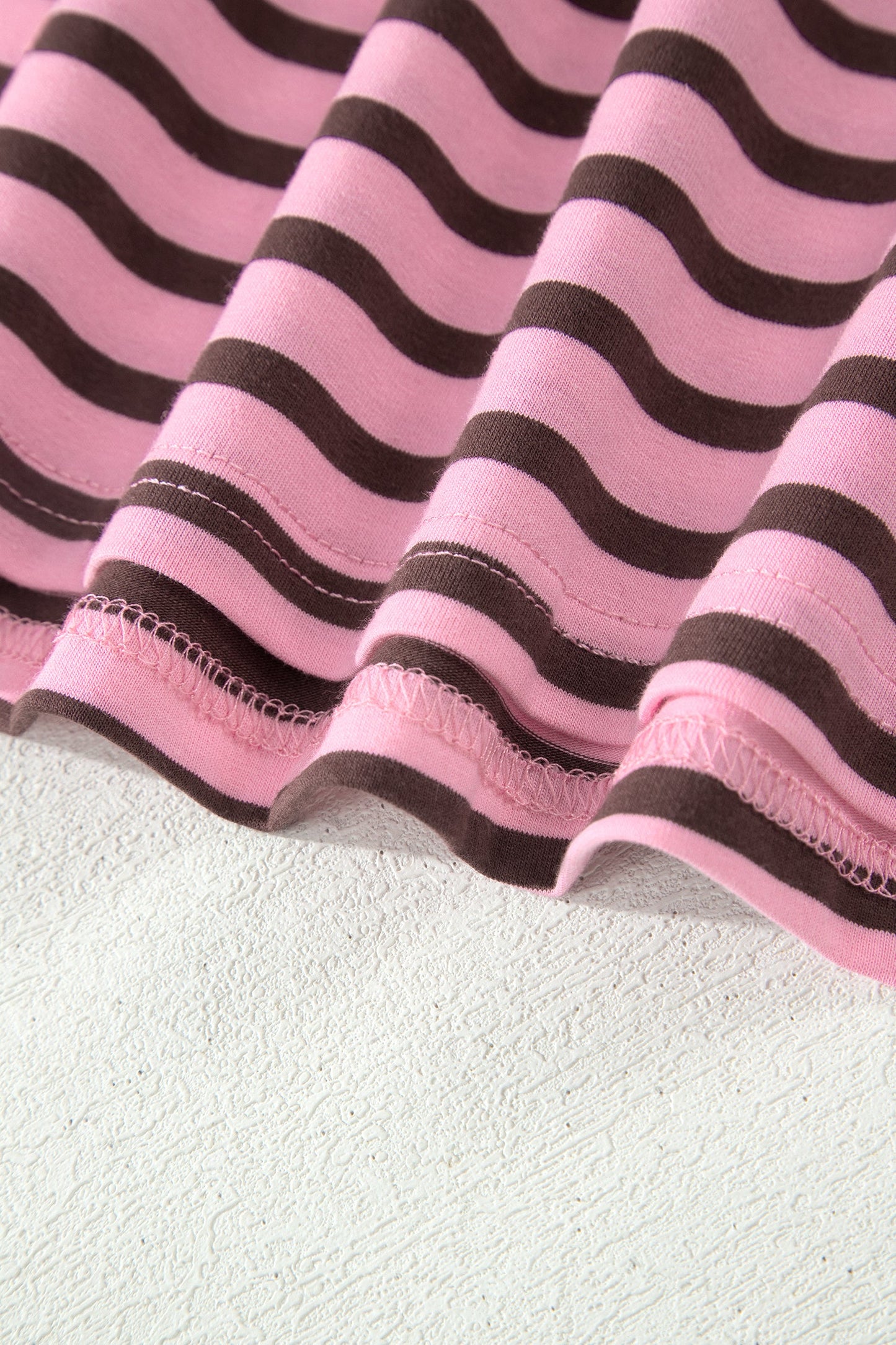 Rose Stripe Striped V-Neck Ribbed Collar Cuff Gathering Puff Sleeve Top